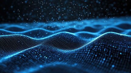 Poster - 3D blue particles forming horizontal lines that ripple and undulate on a black background, perfect for abstract digital interface and tech-themed visuals. -
