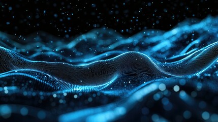Poster - 3D blue particles forming horizontal lines that ripple and undulate on a black background, perfect for abstract digital interface and tech-themed visuals. -