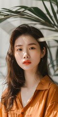 Canvas Print - Portrait of a Young Asian Woman in an Orange Shirt and Palm Leaves in the Background