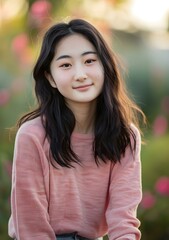 Wall Mural - Young Asian Woman Wearing a Pink Sweater