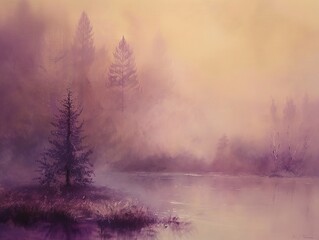  A misty morning scene with a lake and trees.