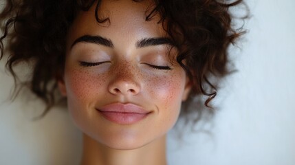 Close-up Portrait of a Woman with Freckles and Curly Hair