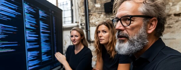 Sticker - Three People Looking At Computer Screen With Code On It