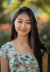 Canvas Print - Portrait of a Young Asian Woman with Long Black Hair