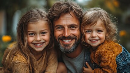 happy parents with small children on piggybacks running and having fun together in garden near their house