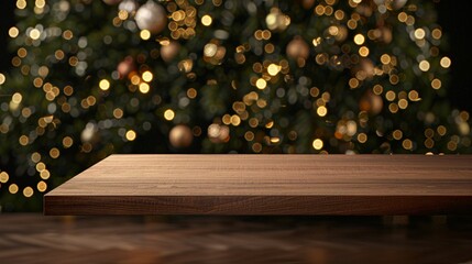 Wall Mural - Empty wooden table against blurred Christmas tree background with twinkling lights and ornaments, perfect for product display or festive designs.