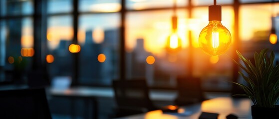 Poster - A serene office scene with glowing lights at sunset, creating a warm and inviting atmosphere for productivity and creativity.