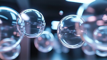 Poster - 3D rendered shiny chat bubbles floating in an open room environment, reflecting light and creating a dynamic communication space. Perfect for digital interaction themes.