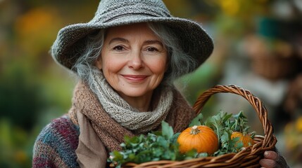 Wall Mural - happy senior farmer holding basket with autumn harvest from her garden