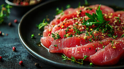 Close-up of raw tuna slices elegantly arranged on a dark platter, garnished with fresh herbs and spices, capturing a gourmet culinary presentation.