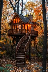 Canvas Print - Wooden Treehouse With Spiral Staircase in Autumn Forest