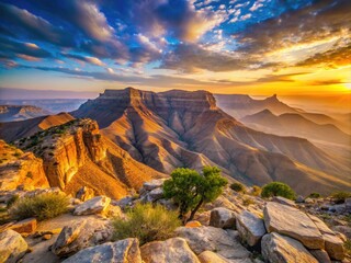 Canvas Print - Breathtaking dawn breaks over the rugged Dhofar Mountains in southern Oman, casting a warm golden light on the arid landscape and ancient rock formations.