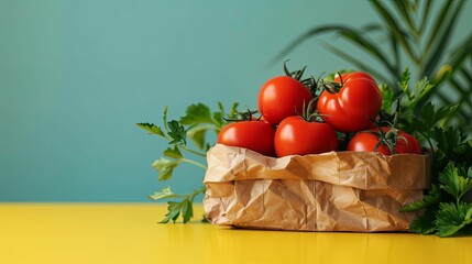 Fresh Red Tomatoes in a Brown Paper Bag with Green Parsley