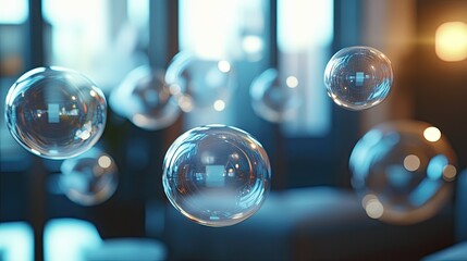 Poster - 3D shiny chat bubbles hovering in a contemporary room with ample light, emphasizing advanced digital communication and futuristic tech.