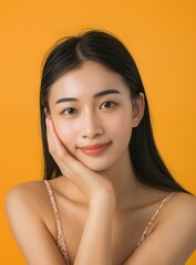 Canvas Print - Portrait of a Young Asian Woman with Long Black Hair Smiling