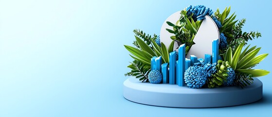 A serene display of vibrant blue decor surrounded by lush greenery, creating a tranquil and modern artistic arrangement.