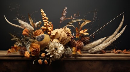 An exquisite autumn collection of dried flowers, acorns and pinecones. 