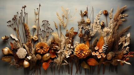 An exquisite autumn collection of dried flowers, acorns and pinecones. 