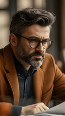 Wall Mural - Focused Man Wearing Glasses Reading Documents