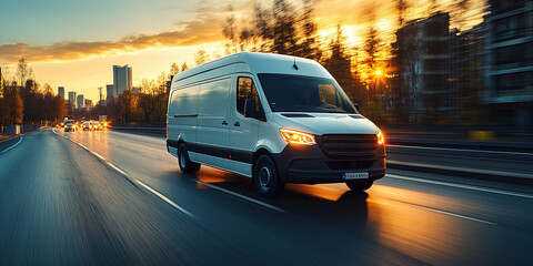 White modern delivery small shipment cargo courier van moving fast on motorway road to city