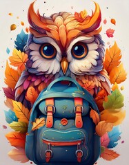 Back to School watercolor poster decorated with fall leaves, school bag with doodle owl. Graphic art illustration poster