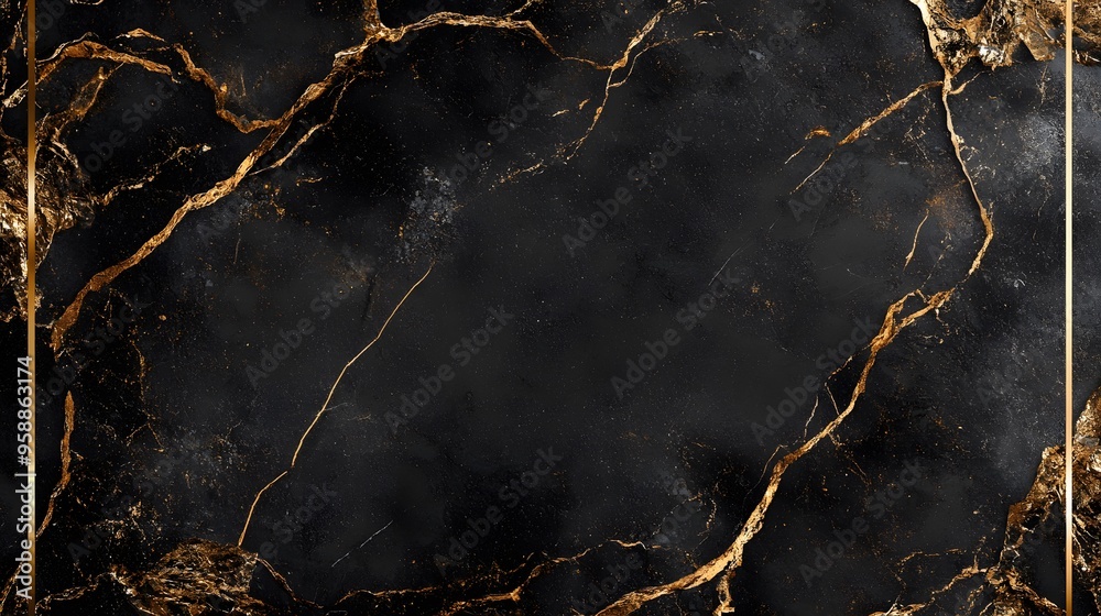 A black marble texture background with gold veins and an elegant border ...