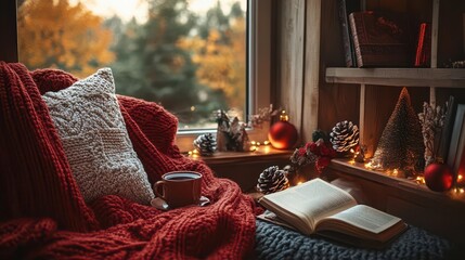 Cozy autumn window seat with a cup of tea, book, and blanket.