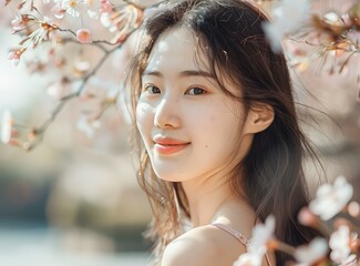 Wall Mural - Beautiful Asian Woman Portrait with Cherry Blossoms