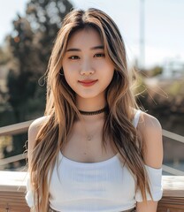 Wall Mural - Young Asian Woman with Long Brown Hair Wearing a White Tank Top and a Gold Necklace