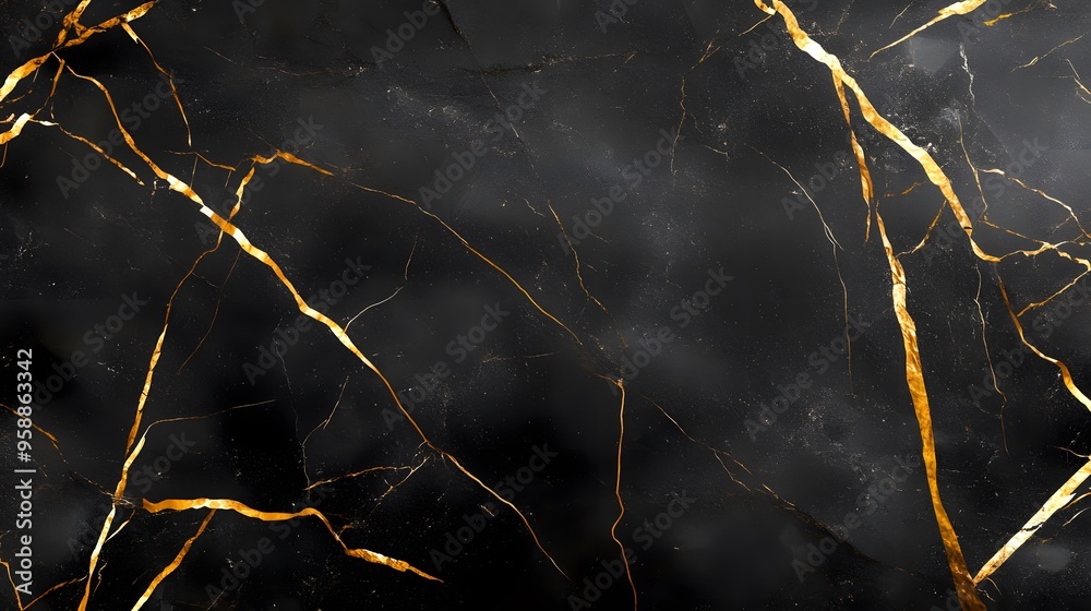A black marble texture background with gold veins and an elegant border ...