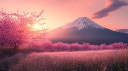 Mount Fuji at Sunset with Cherry Blossoms