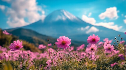 Wall Mural - Serene Pink Flowers with Majestic Mountain in Background