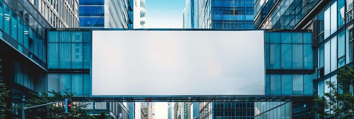 Blank urban canvas: massive white billboard suspended between sleek skyscrapers in a bustling city center, ready for impactful advertising message.