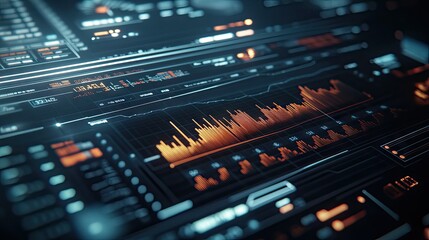 Poster - A close-up of a business graph with fluctuating data lines and numerical values, displayed on a sleek digital dashboard interface
