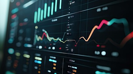 Poster - A close-up of a business graph with fluctuating data lines and numerical values, displayed on a sleek digital dashboard interface