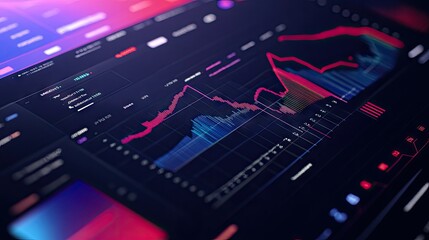 Poster - A close-up of a business graph on a computer screen, showing detailed line charts and bar graphs with colorful data visualizations. -