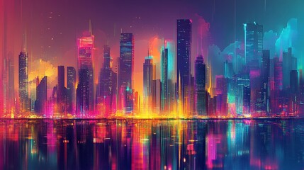 Futuristic urban skyline with bright, colorful lights and tall structures. Premium background for the latest technology needs. generative ai