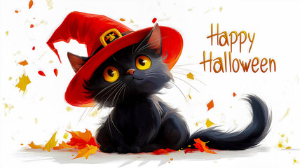 The concept of celebrating Halloween. A cute black cat in a magic hat on a light background, next to a golden inscription and autumn leaves