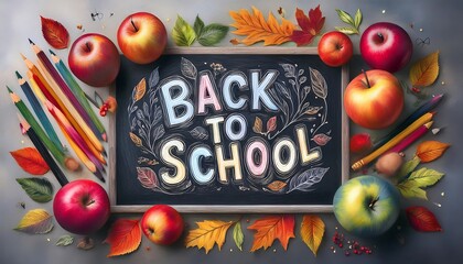 Canvas Print - Back to School poster mockup with chalkboard style font, surrounded by autumn elements - laves, apples school supplies. Graphic art illustration poster