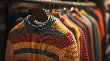 Cozy striped sweaters hanging in a closet, showcasing warm autumn colors and soft knit textures. Perfect for chilly days and casual style.