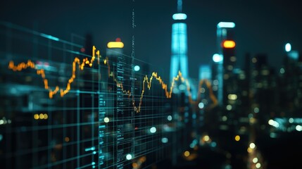 Poster - A close-up of a financial graph with fluctuating lines, overlaid on a cityscape at night, symbolizing market volatility.