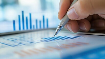 Poster - A close-up of a hand drawing a financial graph with a pen on a tablet, with a background of financial reports and charts