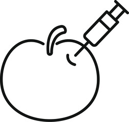 Sticker - Line art icon of a syringe injecting an unknown liquid substance into a tomato, depicting gmo food