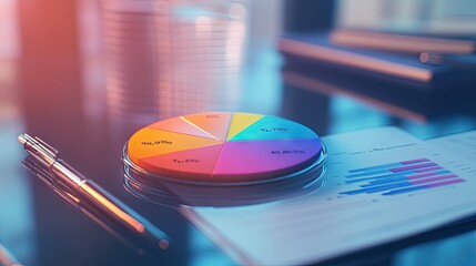 Poster - A close-up of a pie chart with gradient colors and data percentages, displayed on a glass desk with a pen and notepad beside it.