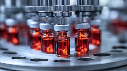 Canvas Print - Vials of Liquid Medicine on a Production Line