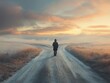 © VISA-3UK - The Crossroads of Destiny: A solitary figure stands at a crossroads, shrouded in mist and bathed in the golden light of dawn, symbolizing a pivotal moment of choice and uncertainty.