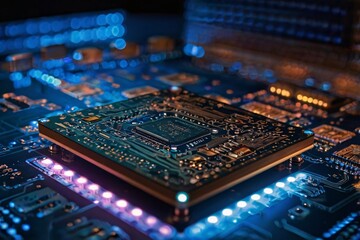 Poster - Illustration of CPU chip on circuit board with glow light in concept of processing semiconductor microchip technology