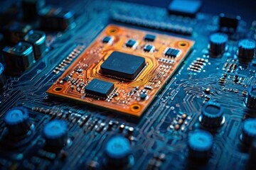 Poster - Illustration of CPU chip on circuit board with glow light in concept of processing semiconductor microchip technology