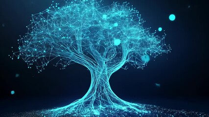 Sticker - Glowing tree made of blue lines is swaying on a black background