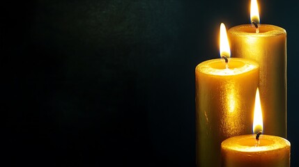 Three gold candles burning brightly against a dark background.